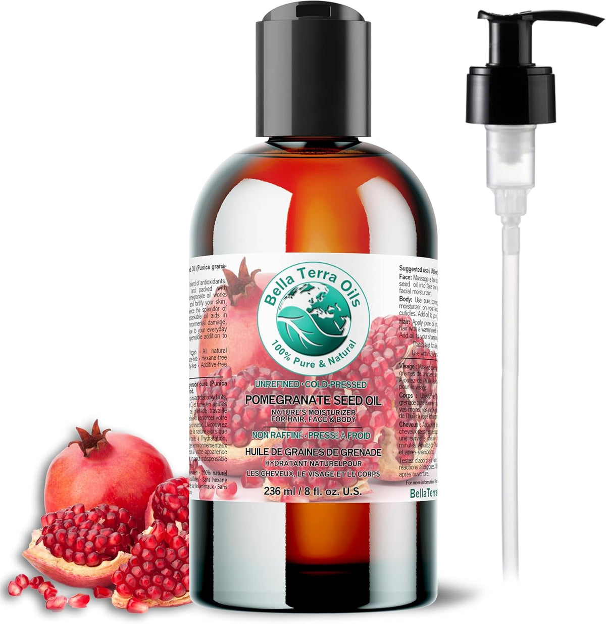 Bella Terra Oils - Organic Pomegranate Seed Oil 8 oz - Rich in Nutrients for Skin Hydration