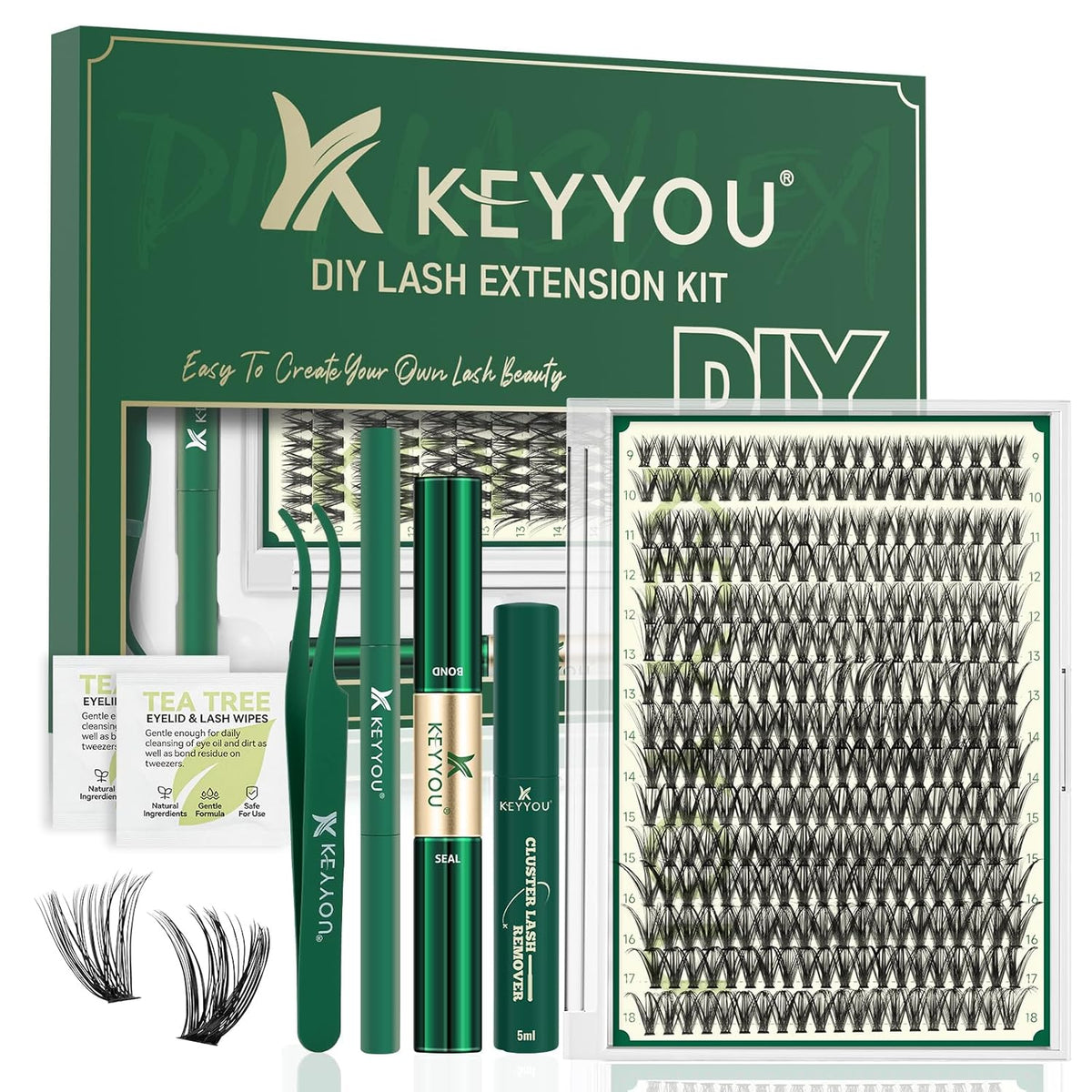 KEYYOU Lash Extension Kit DIY 300Pcs Lash Clusters Eyelash Extension Kit 50D D Curl 9-18MIX Lash