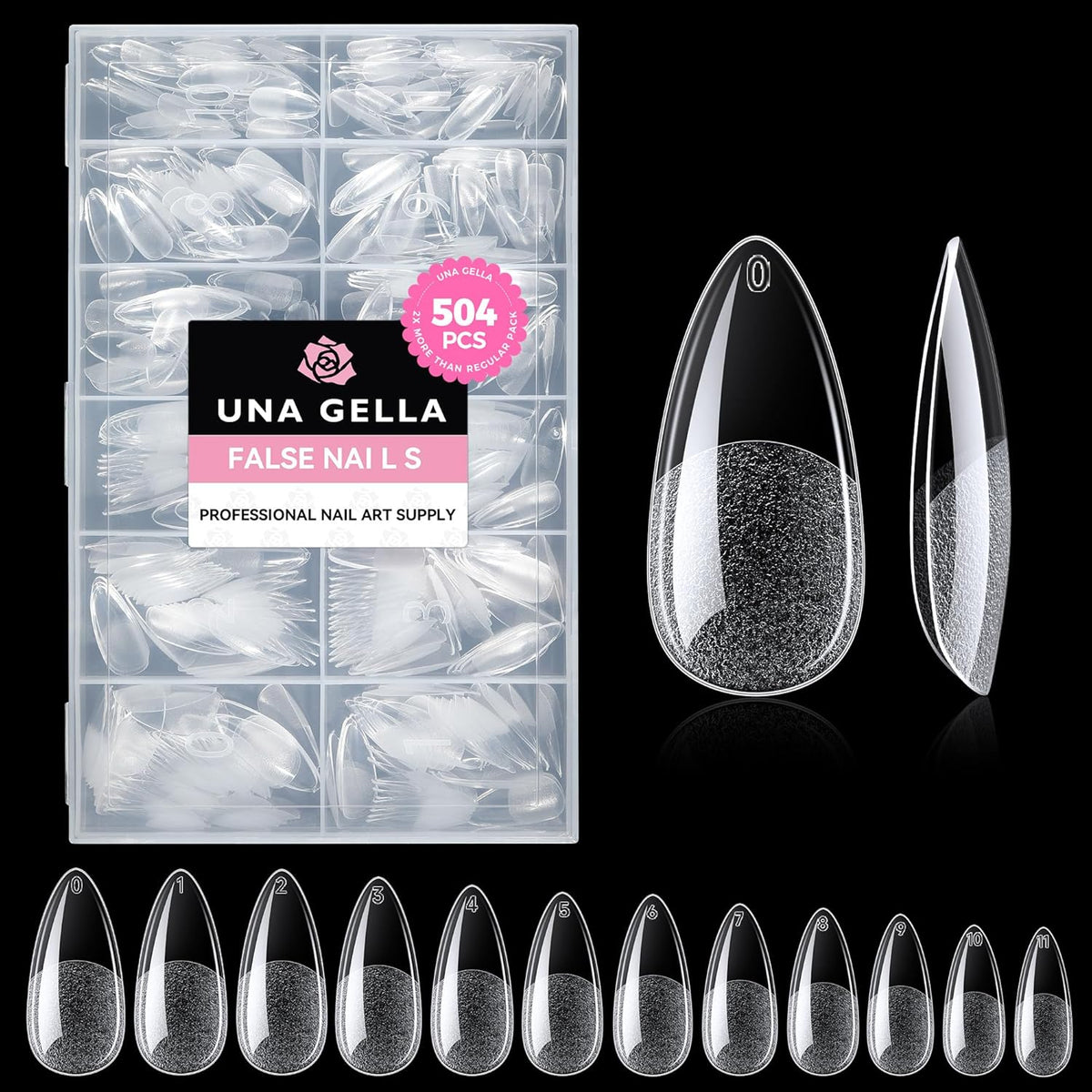 UNA GELLA Almond Gel Nail Tips, 504PCS Pre Etched Clear Fake Nails Tips Medium Almond Shape - 12