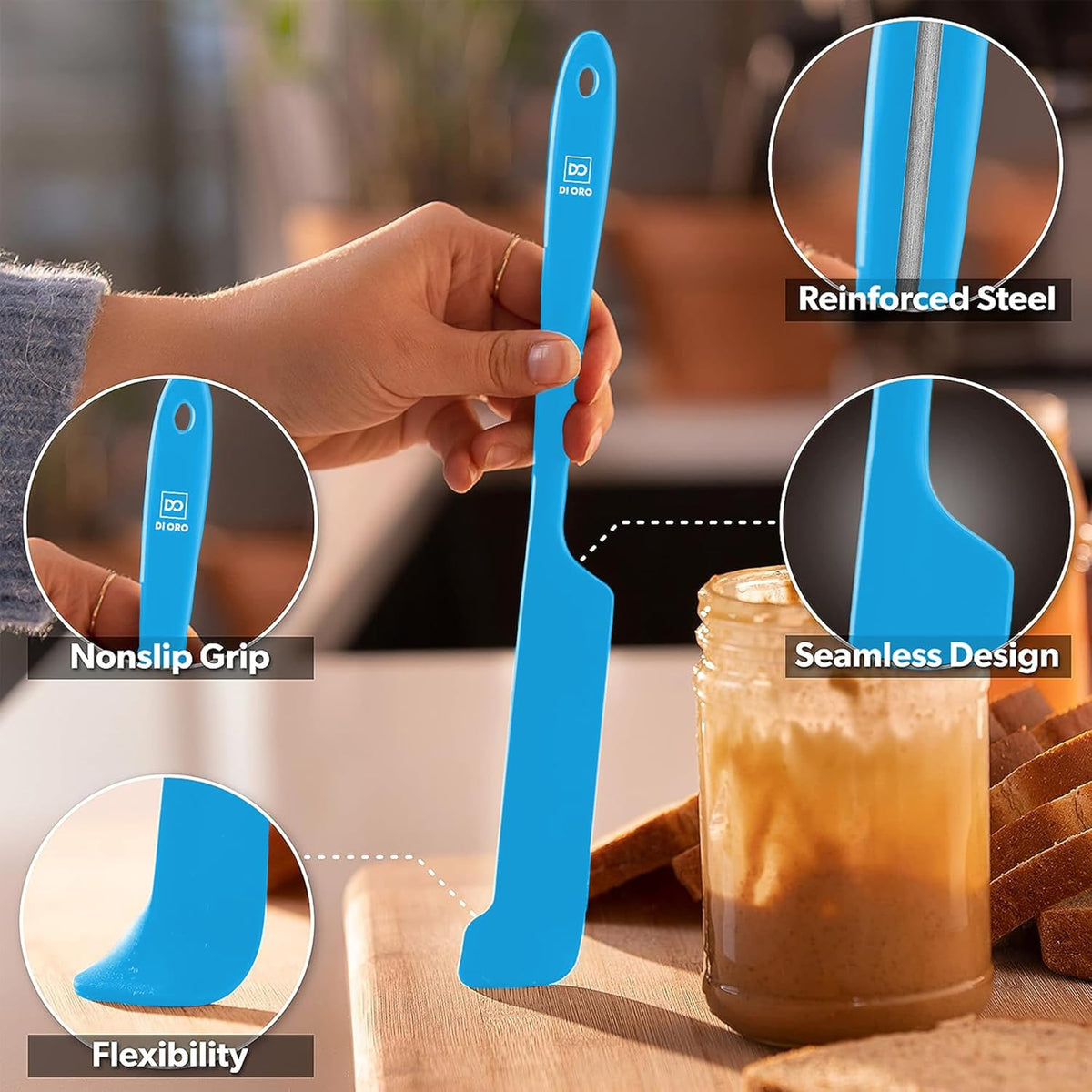 DI ORO Silicone Jar Spatulas for Scraping - Rubber Spatulas Silicone Heat Resistant - Kitchen