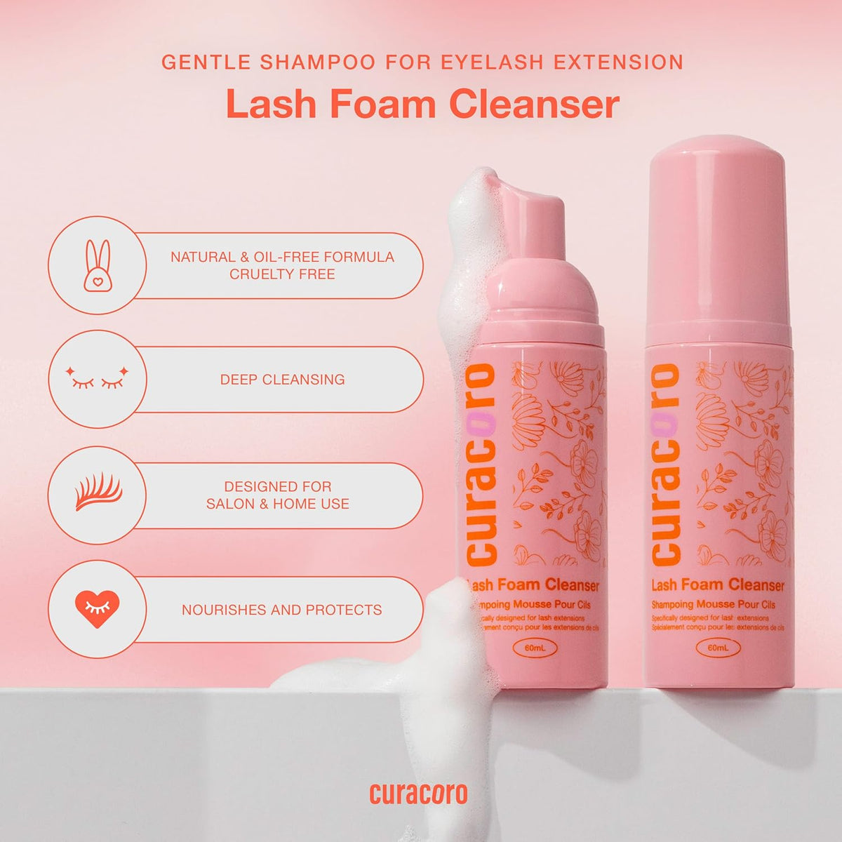 Curacoro 60ML Eyelash Extension Cleanser - Lash Shampoo for Lash Extensions, Eyelash Extension Foam