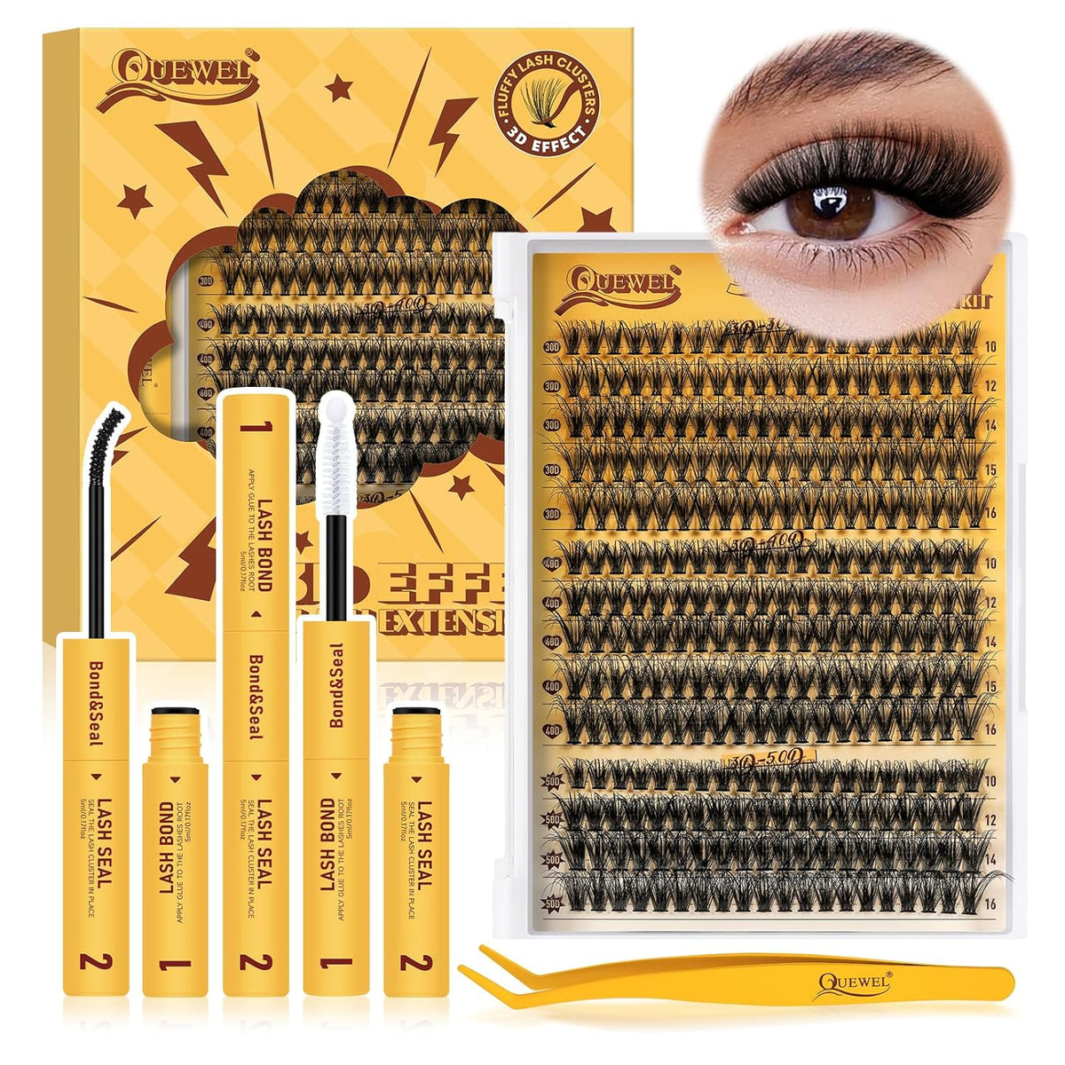 QUEWEL DIY-Lash-Extension-Kit, 3D Lash-Clusters-Kit with 280PCS 30+40+50D Lashes Clusters Mixed
