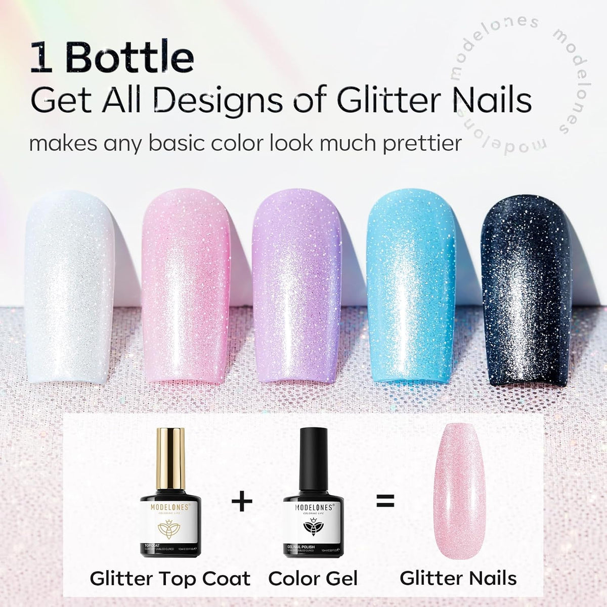 Modelones Glitter Gel Top Coat, Ultra Fine White Aurora Clear Glitter Gel Polish Glossy Sparkle