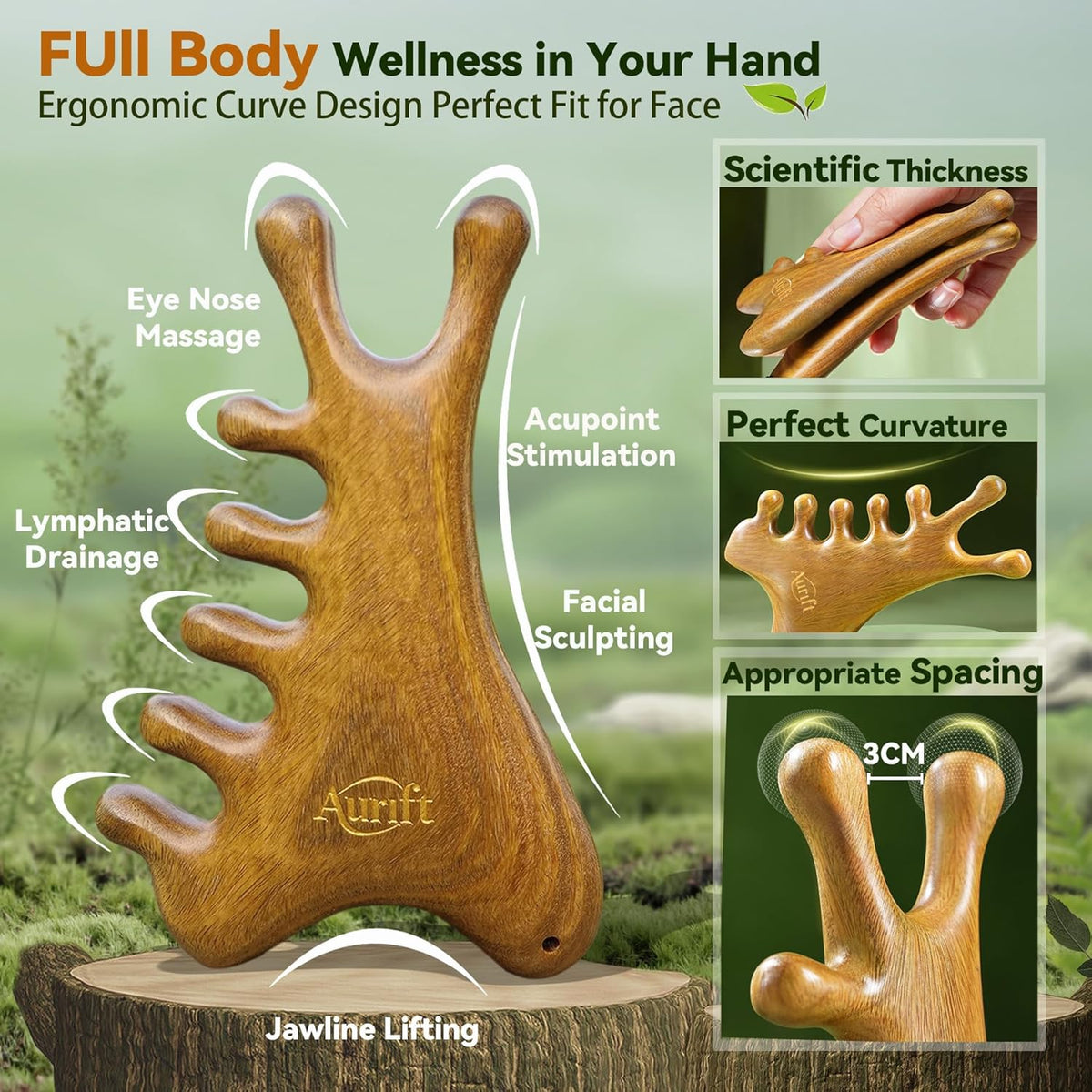 4-in-1 Gua Sha Tool for Face & Body, Natural Green Sandalwood – Lymphatic Drainage, Jaw Lifting &
