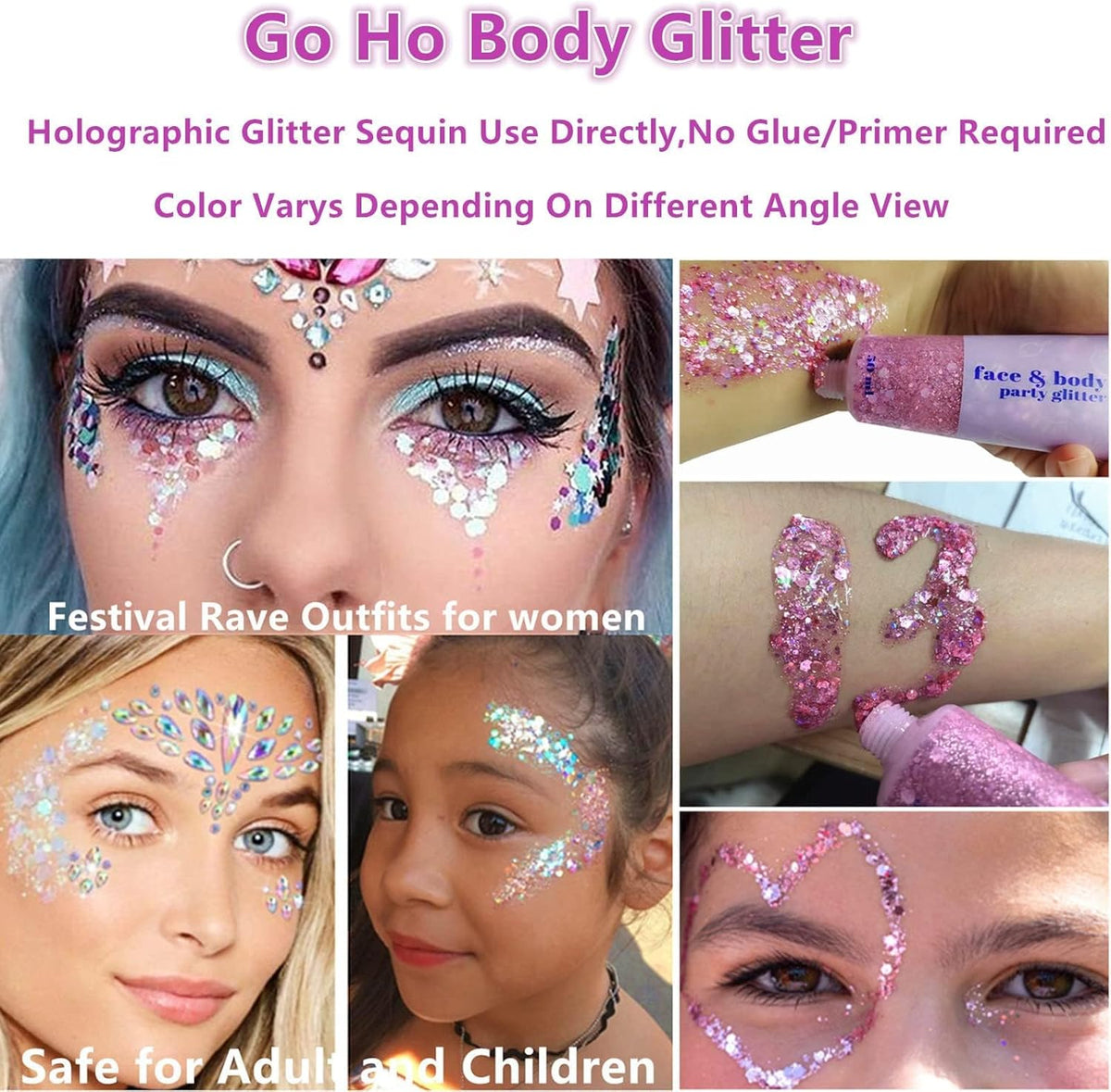 Go Ho White Pink and Blue Body Glitter Set,Singer Concerts Face Glitter Gel Makeup,Holographic Long