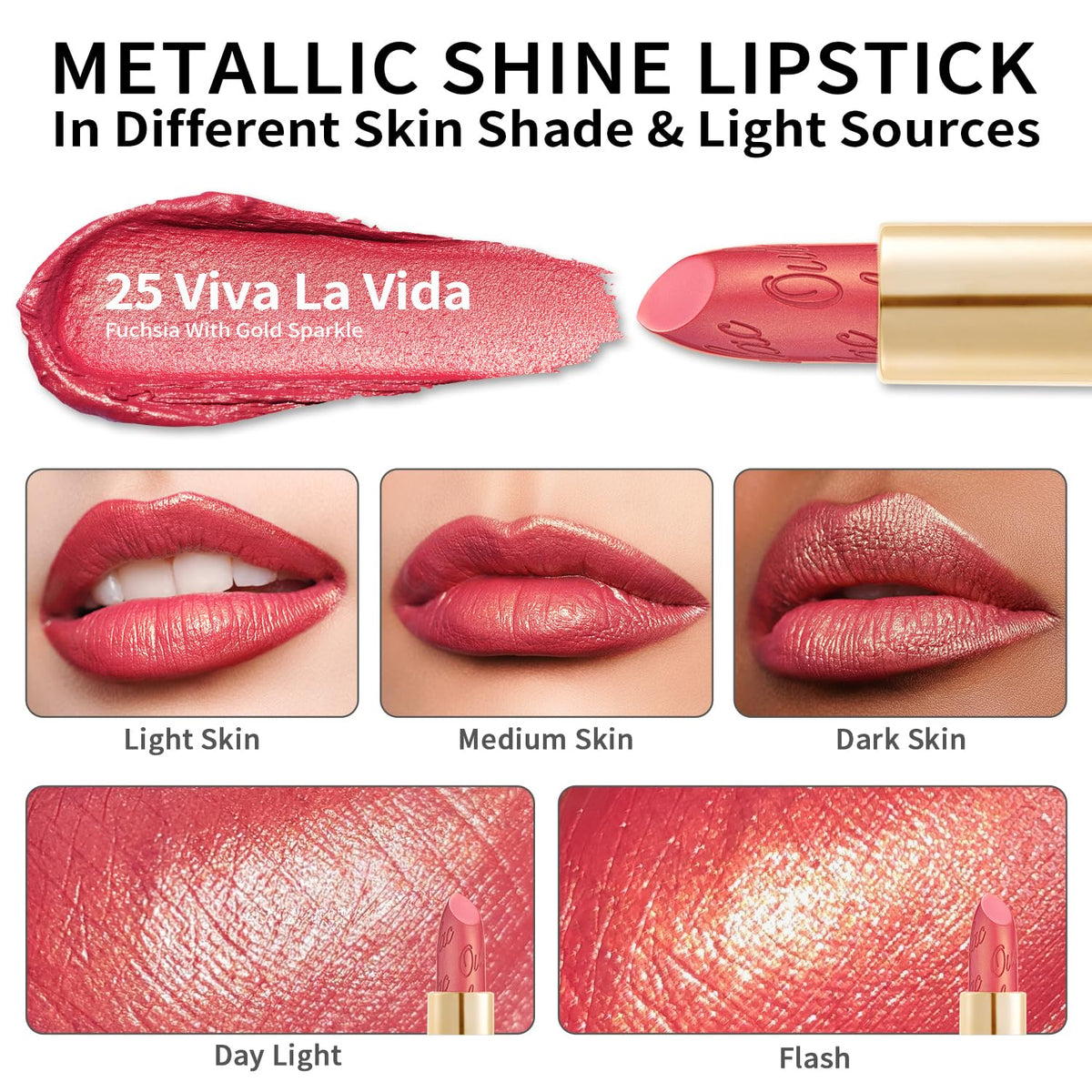 Oulac Glitter Lipstick for Women with Metallic 3D Shine Lightweight Hydrating Formula, High Impact