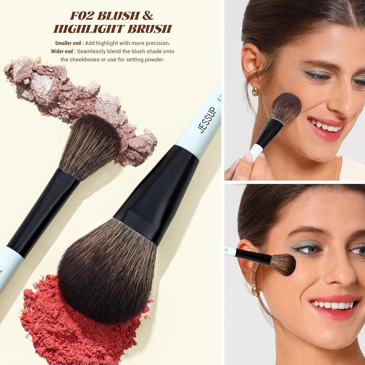 Jessup Face Makeup Brushes with Makeup Sponge, 3pcs Double Ended Makeup Brush for Foundation
