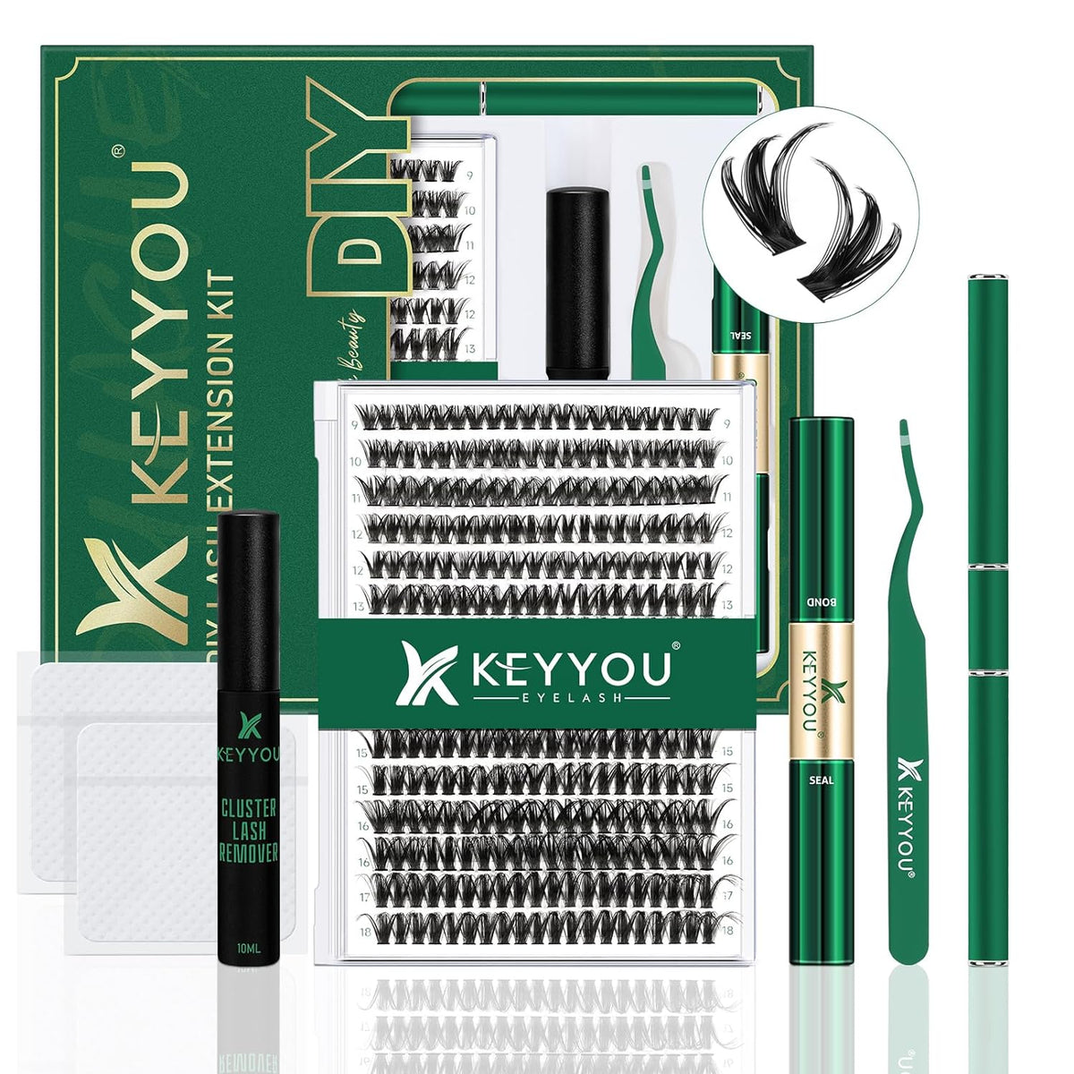 KEYYOU Lash Extension Kit DIY 300Pcs Lash Clusters Eyelash Extension Kit 50D C Curl 9-18MIX Lash