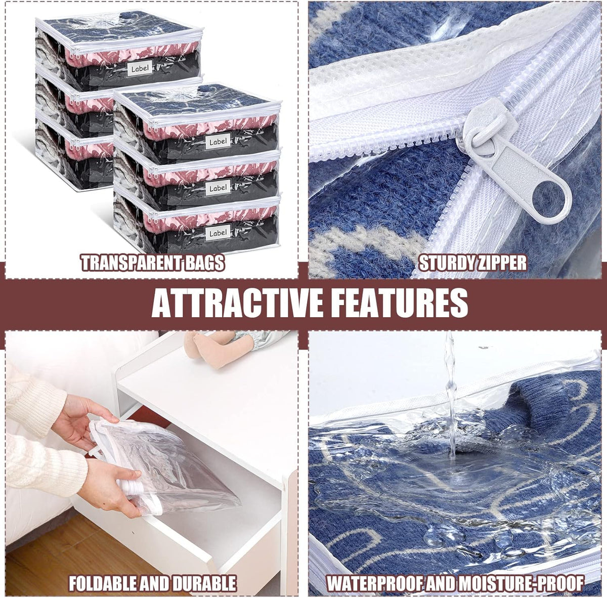 Hoolerry 6 Pieces Sweater Storage Bags Plastic Clear PVC Clothes Storage Bags with Zipper and Label