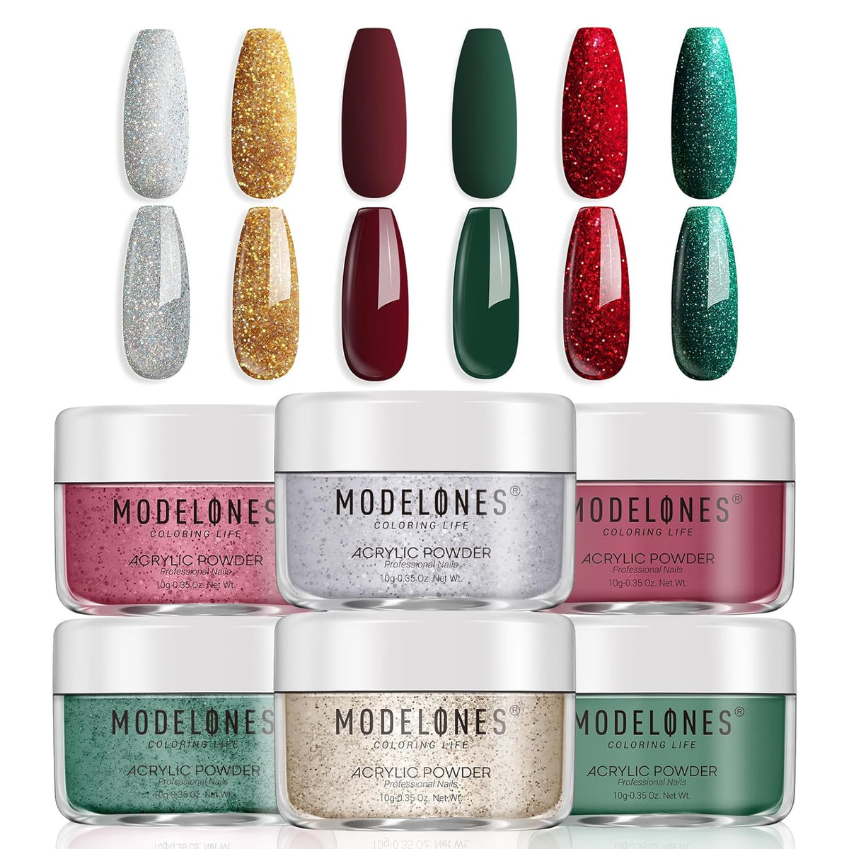 Modelones Christmas Colors Acrylic Powder Kit - 6 Colors Golden Glitter Yellow Green Dark Red