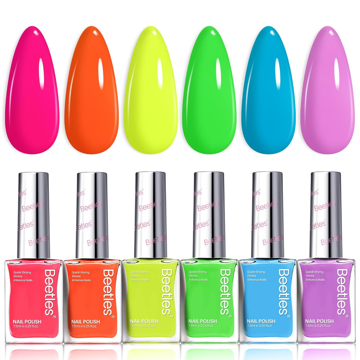 Beetles Neon Nail polish Set, 6 Colors Bright Rainbow Nail Polish Kit Quick Dry Finger Nail Polish