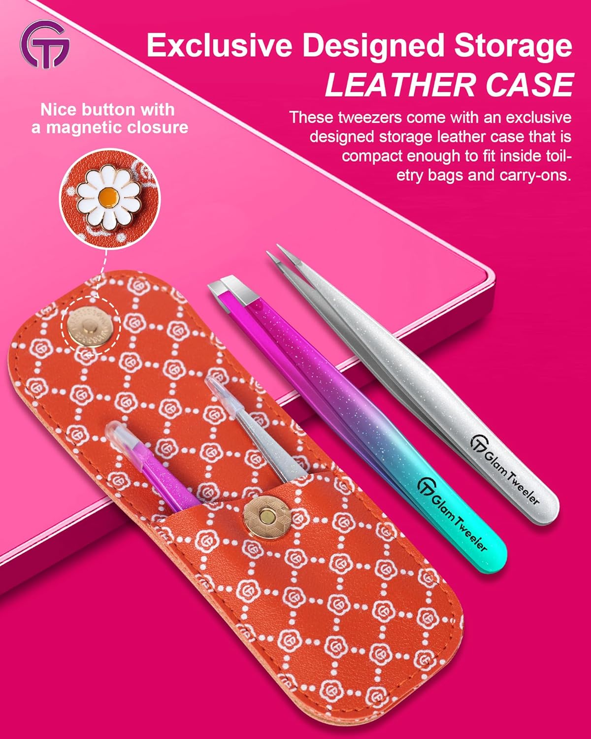 Expert Slant and Point Tip Tweezer Set with Exclusive Travel Case, GlamTweeler Sharp & Precision
