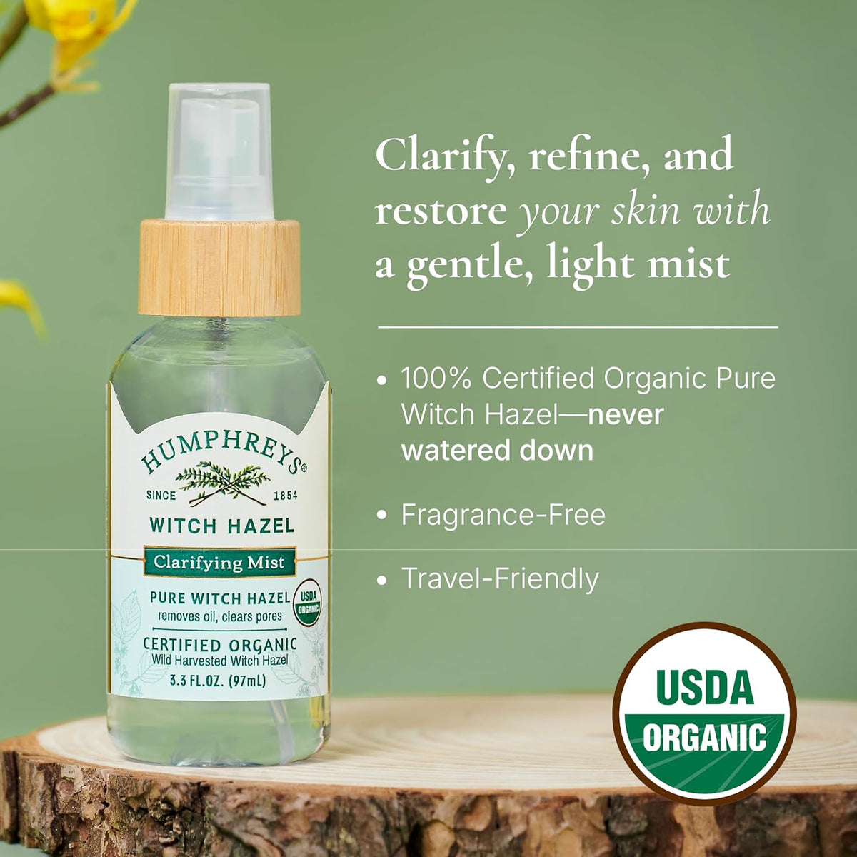 Humphreys Witch Hazel Clarifying Toner Mist Spray | Wild Harvested Witch Hazel | USDA Organic|