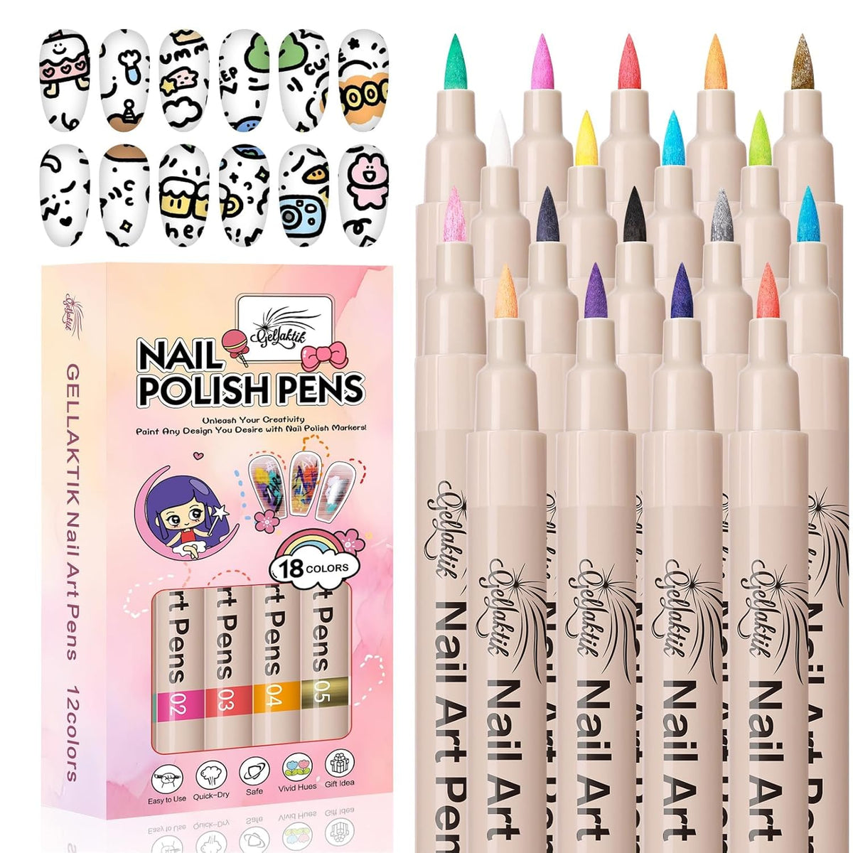 18 Colors Nail Art Pens Set, 3D Nail Polish Pens Quick-Drying Acrylic Paint Markers, Dotting Liner