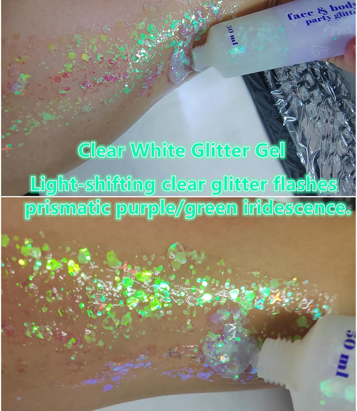 Go Ho 2PCS White Face Body Glitter Gel,Singer Concerts Face Glitter Makeup,Holographic Long Lasting