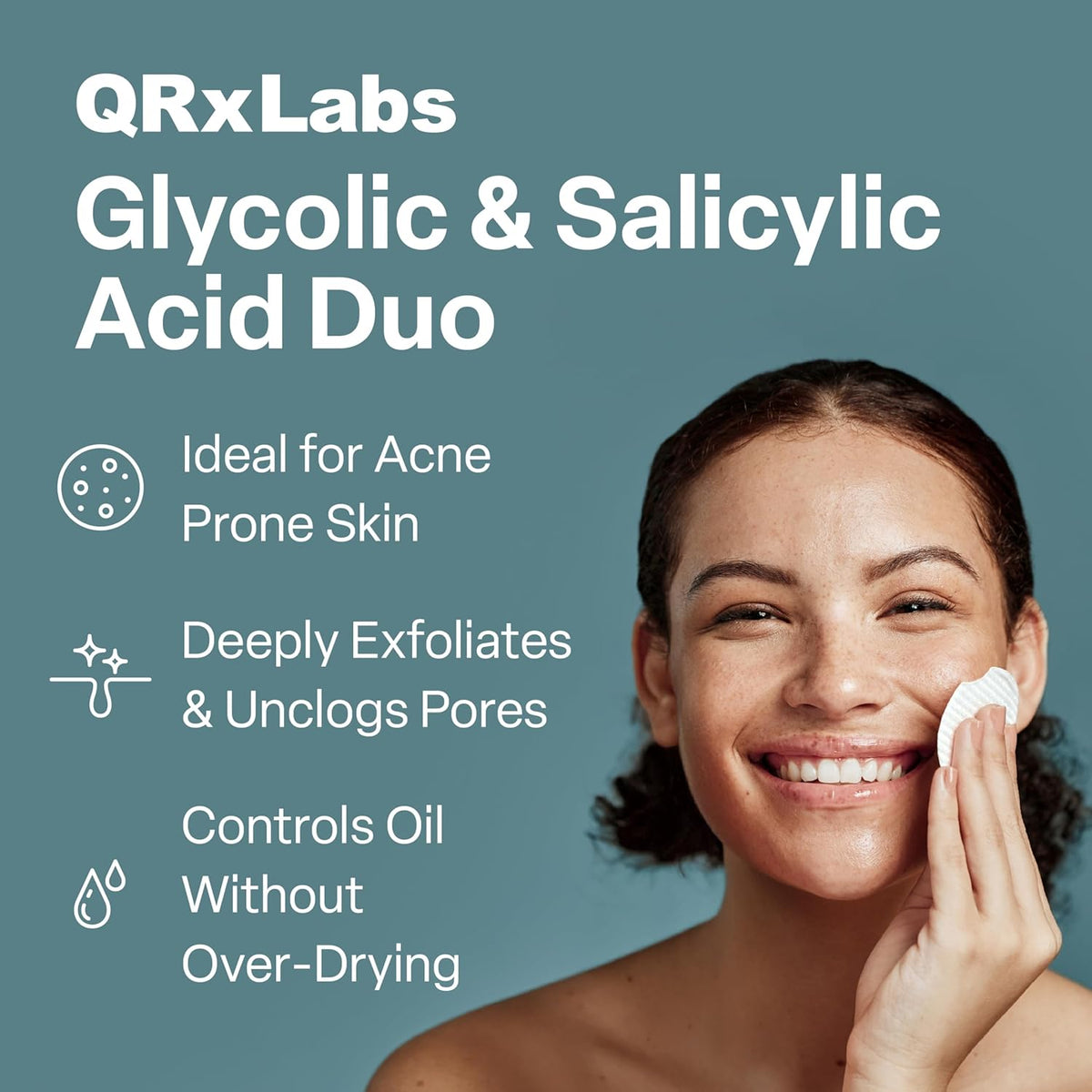 QRxLabs Salicylic & Glycolic Acid Pads (2% Salicylic & 10% Glycolic) - 50 Count Jar - Exfoliating