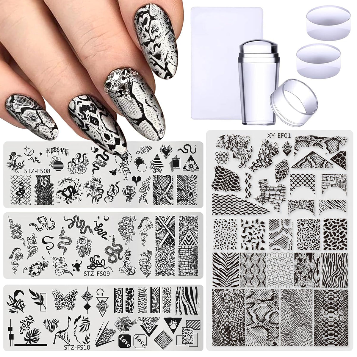 4pcs Snake Leopard Print Nail Stamping Plate Stencil with French Tip Nail Stamper Kit Reusable