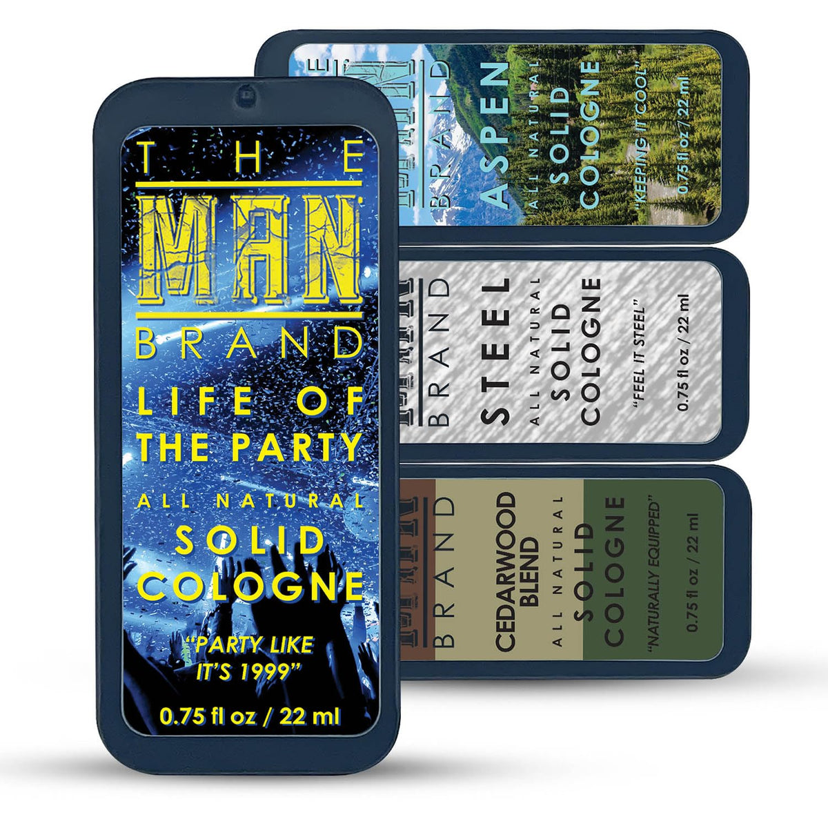 Solid Cologne Sample Set with Aspen Solid Perfume, Woodsman Solid Cologne, Steel, and Life of the