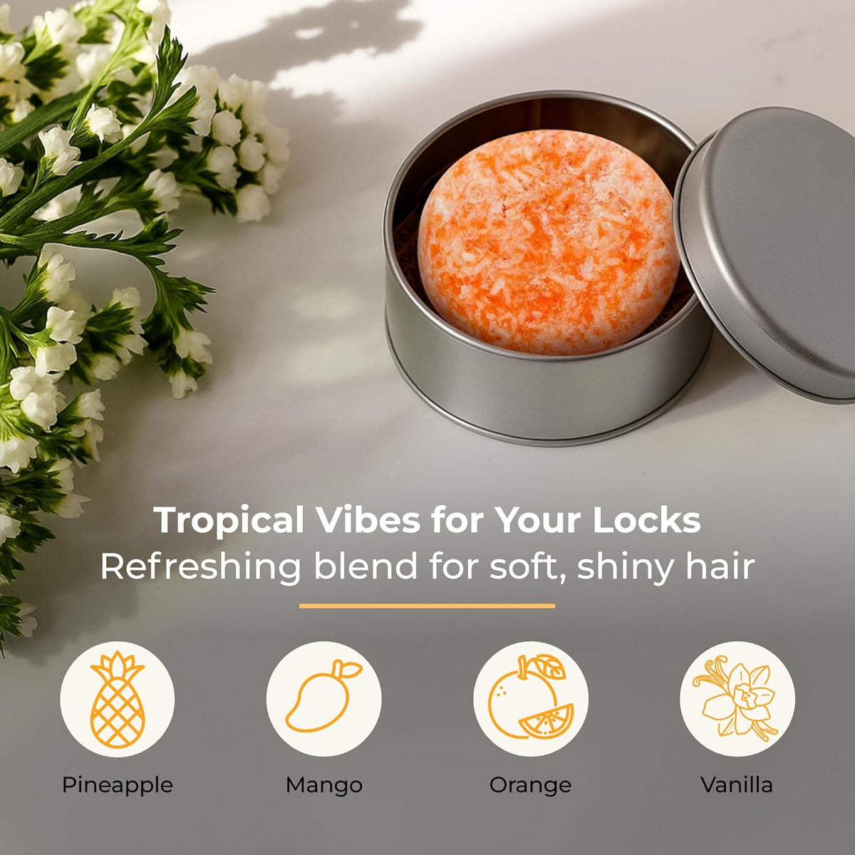 Sunshine Shampoo Bar, Vegan Solid Hair Cleanser with Mango, Orange, Pineapple, and Vanilla, for All