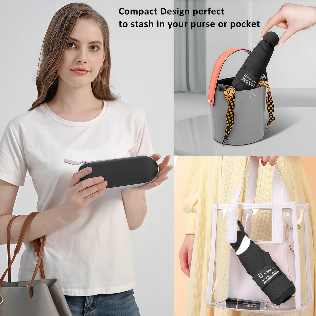BAODINI Travel Essentials Mini Umbrella for Purse With Case Small Compact UV Sun Protection