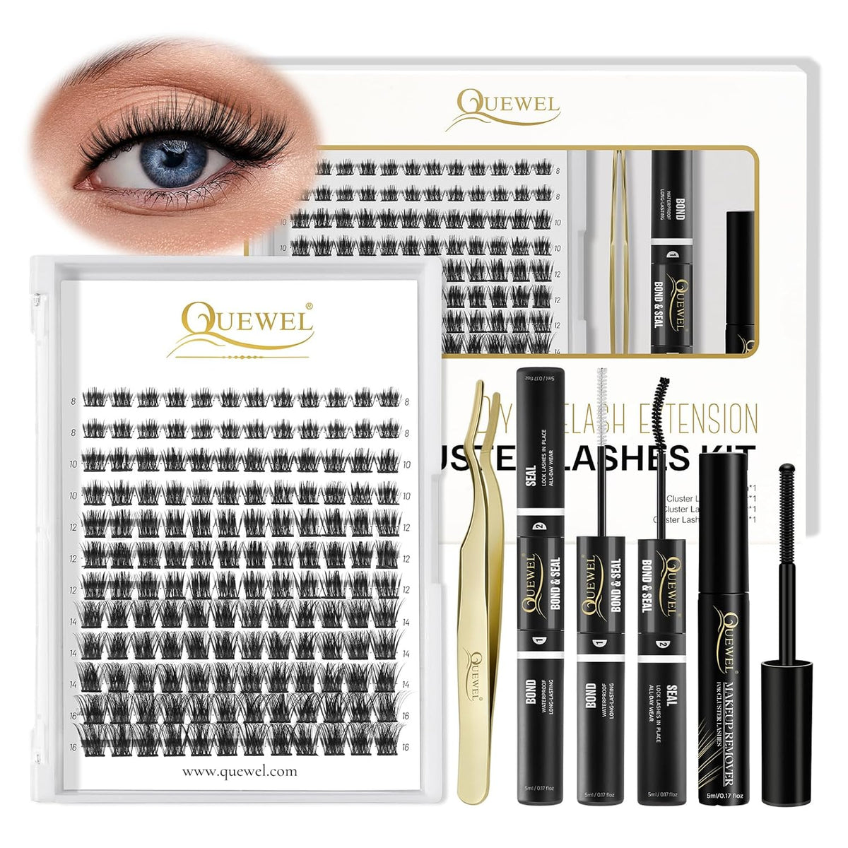 QUEWEL DIY Eyelash Extensions Kit, 144 Pcs Lash Clusters Eyelash Applicator Tool, Super Hold Bond