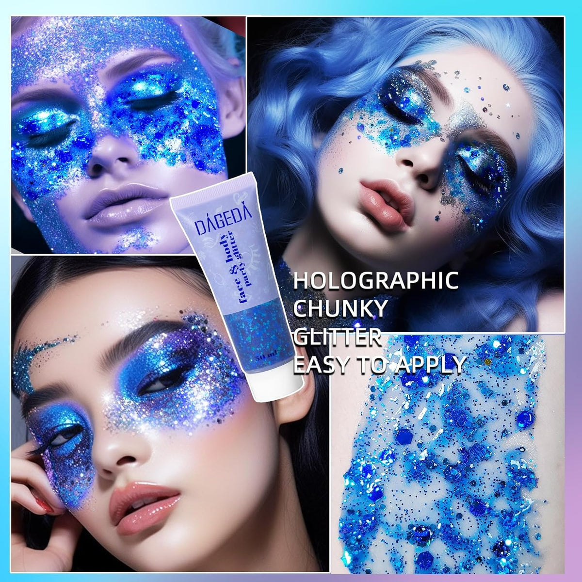 DAGEDA Body Glitter Gel, Face Glitters Body Gel Sequins Shimmer Liquid Eyeshadow, Chunky Glitter