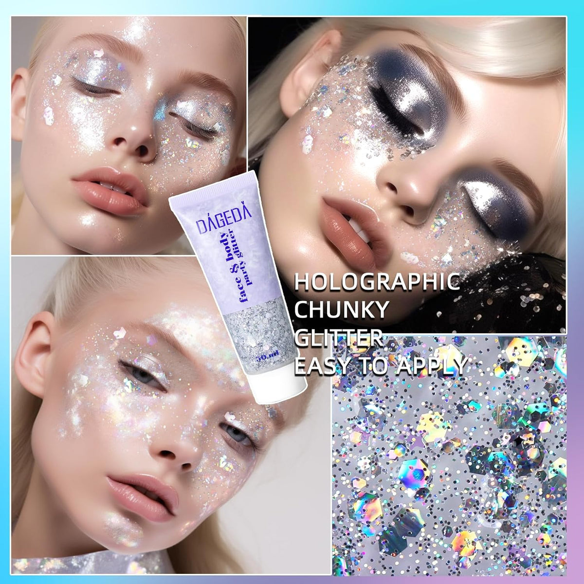 DAGEDA Body Glitter Gel, Body Sequins Shimmer Liquid Eyeshadow, Chunky Glitter for Face Hair Nails