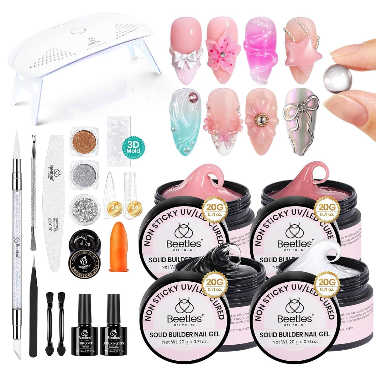 Beetles Solid Builder Gel for Nails, 20g *4 Colors Clear Pink White 3D Sculpting Gel Non-Sticky