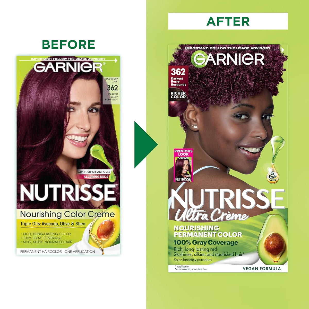 Garnier Hair Color Nutrisse Nourishing Creme, 362 Darkest Berry Burgundy (Raspberry Jam) Red