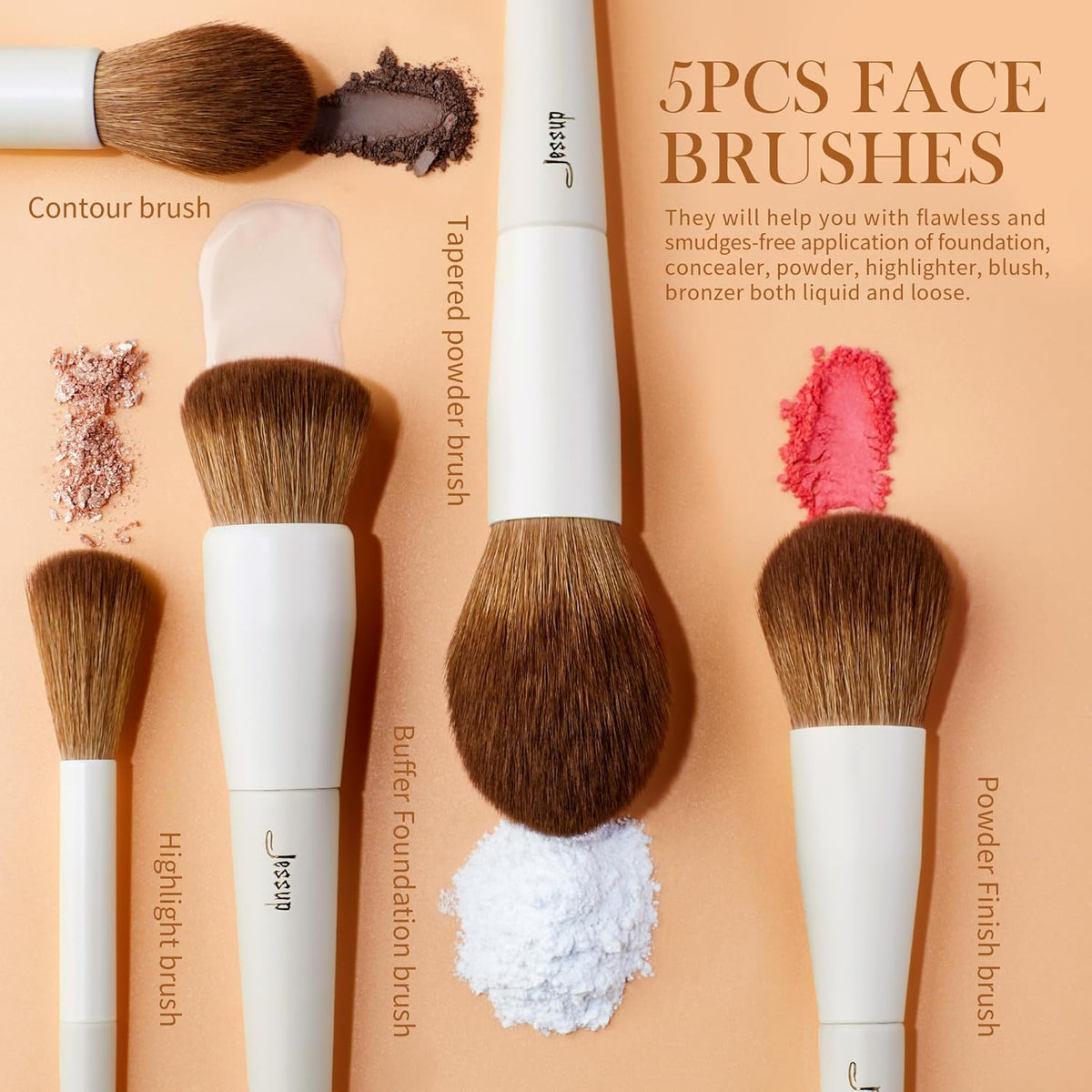 Jessup Makeup Brush Set 5Pcs Face Makeup Brushes Vegan Soft Foundation Brush Blush Brush Bronzer