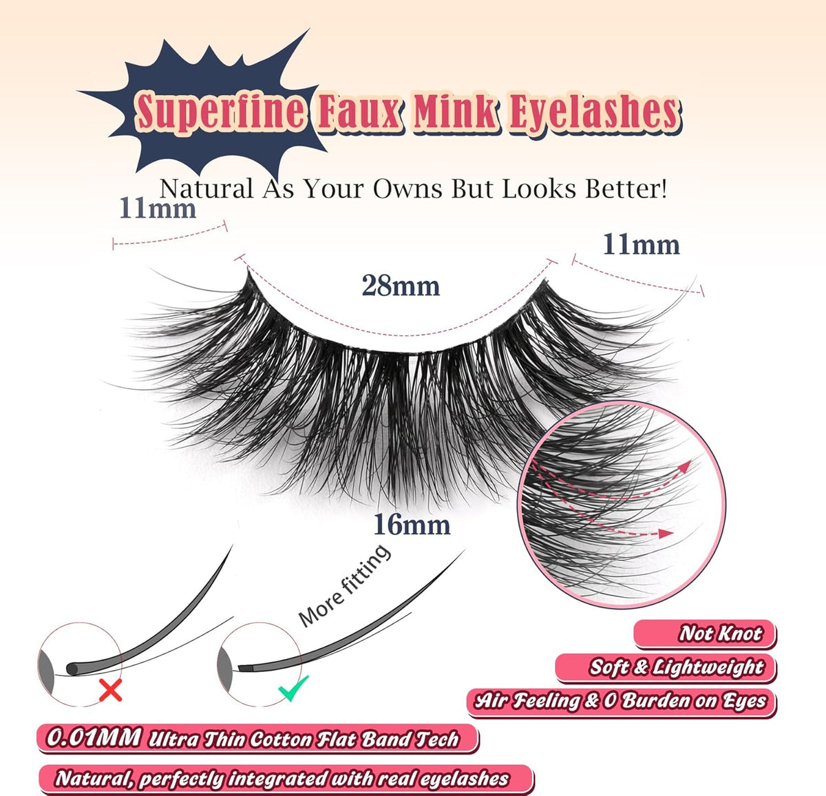 Wispy Lashes False Eyelashes Natural 16mm Fluffy Eyelashes Strip Lashes Pack 3D Volume Lashes 0.1MM