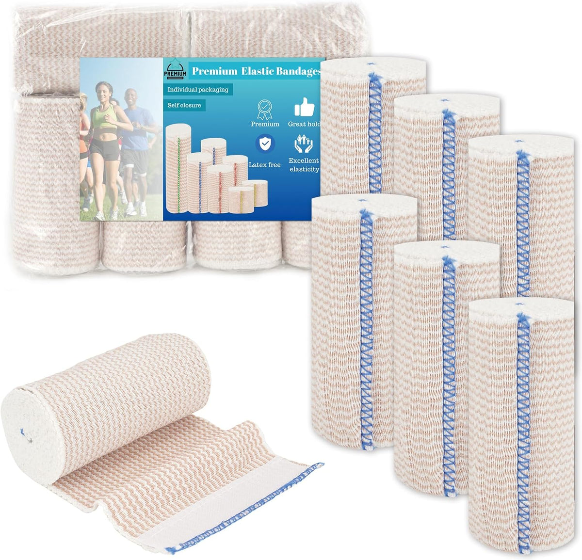 Premium Elastic Bandage Wrap 4 inch 6 Pack Reusable Versatile Self-Closing Compression Bandage