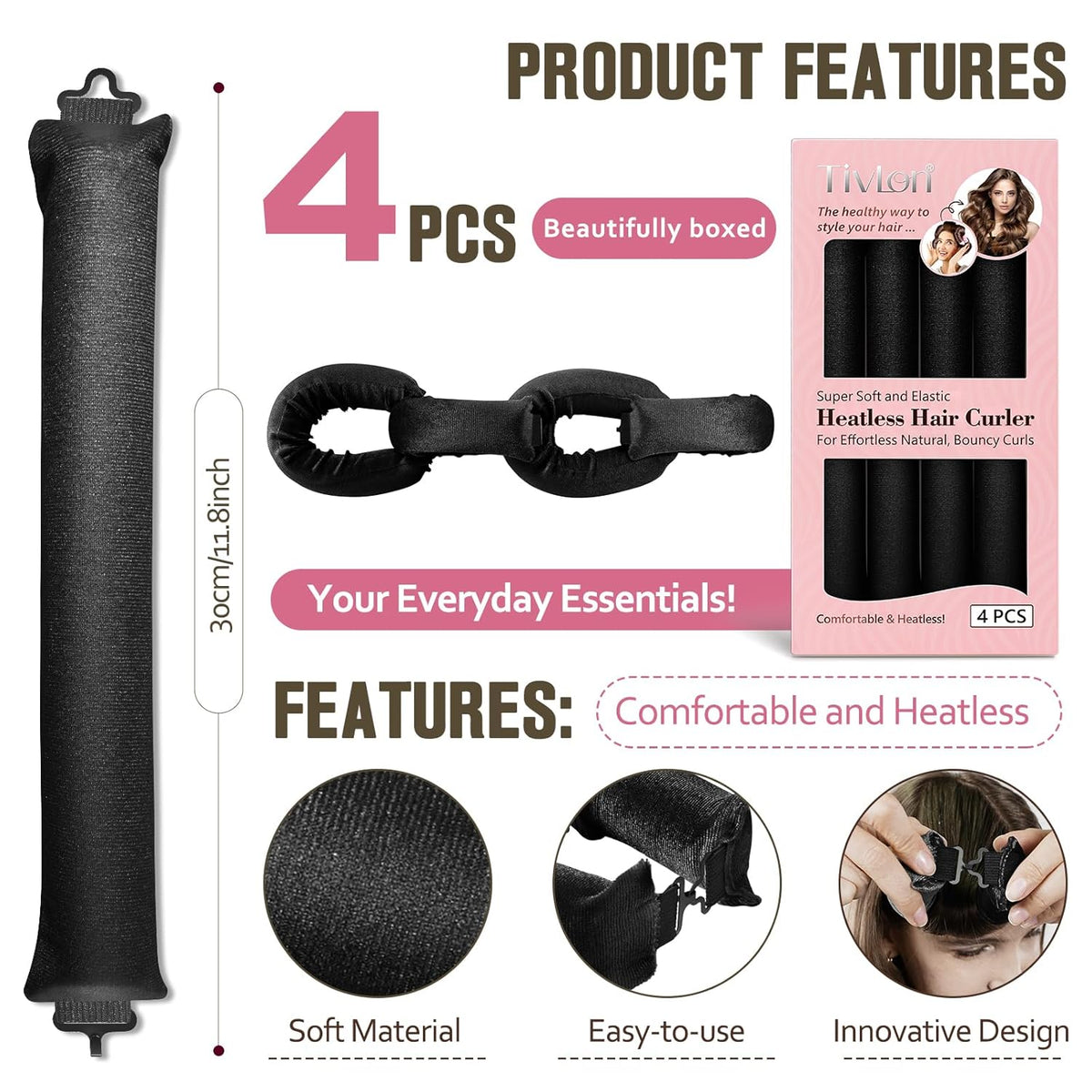 Heatless Curls Overnight, 4 Pcs No Heat Curling Blowout Rod, Satin Blowout Look Heatless Hair