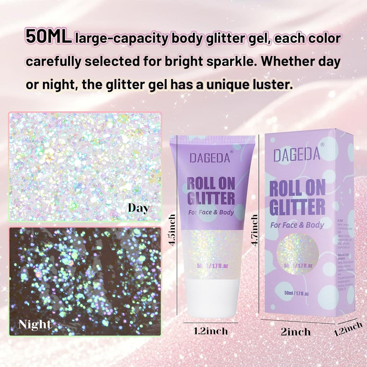 DAGEDA Roll-on Body Glitter,Holographic Eye Face Hair Glitter Gel for Festival Outfit Mermaid