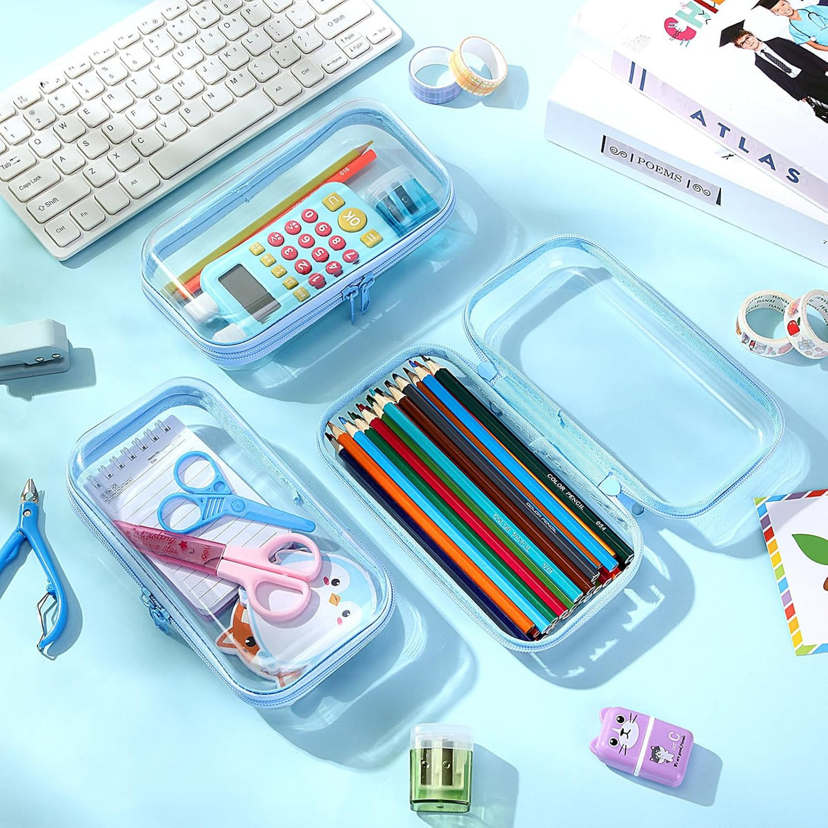 Hoolerry 3 Pcs Clear Hard Zipper Case Plastic Pouch Transparent Hard Case Clear Makeup Bag Portable