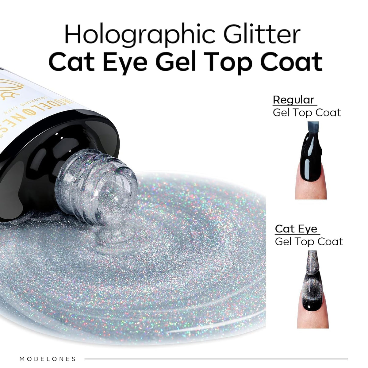 modelones Rainbow Cat Eye Gel Nail Polish Top Coat, 2-in-one 9D Glitter Clear Gel Polish with