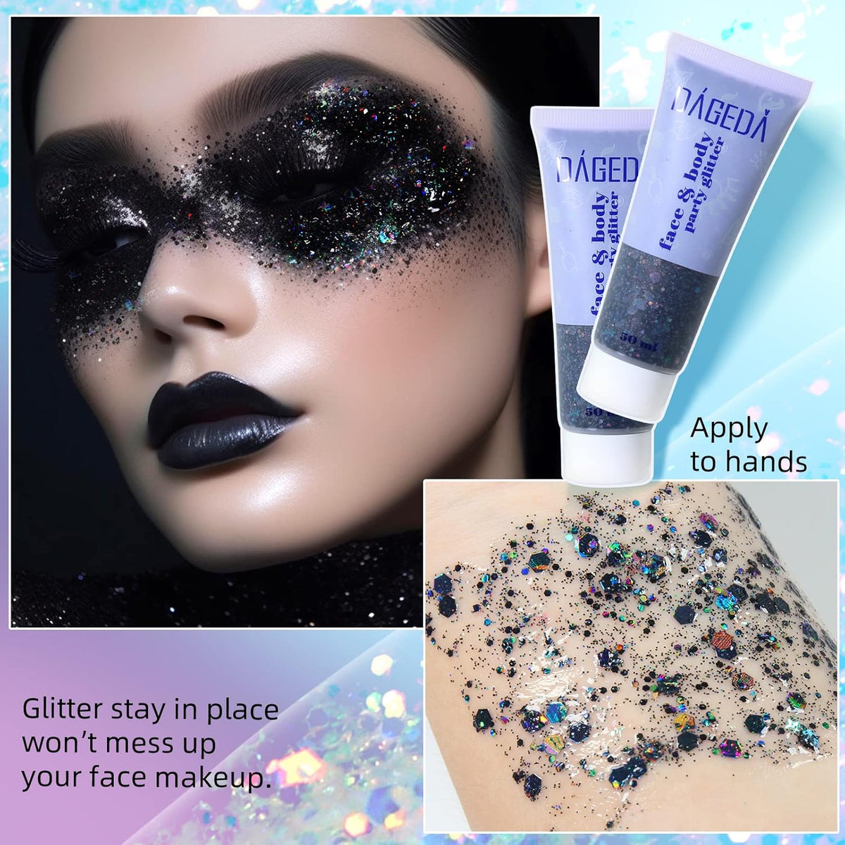 DAGEDA Body Glitter Gel, Face Glitters Body Gel Sequins Shimmer Liquid Eyeshadow, Chunky Glitter