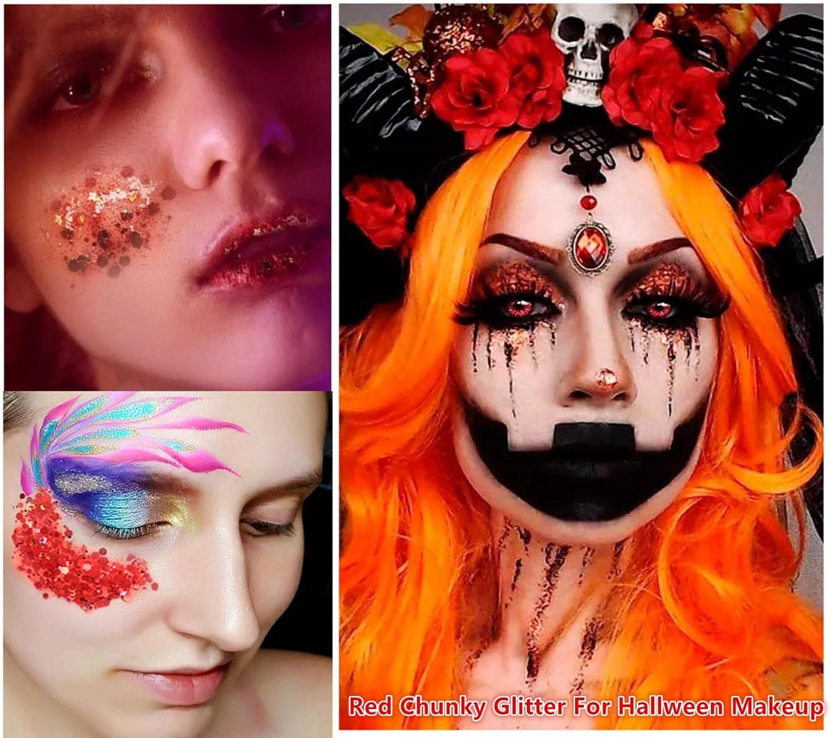 Go Ho Red and White Body Glitter Set,Singer Concerts Face Glitter Gel Makeup,Holographic Long