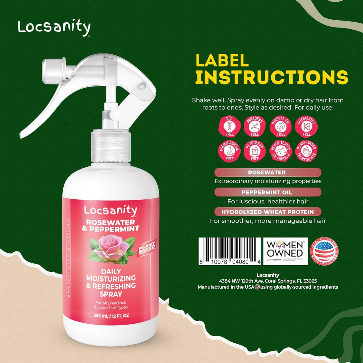 Locsanity Daily Moisturizing Refreshing Spray for Locs, Dreadlocks - Rose Water and Peppermint Hair
