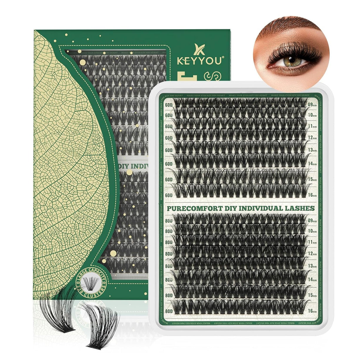 Lash Clusters 280Pcs Eyelash Clusters KEYYOU 60D+80D D Curl 9-16MIX Clusters Lashes Super Soft