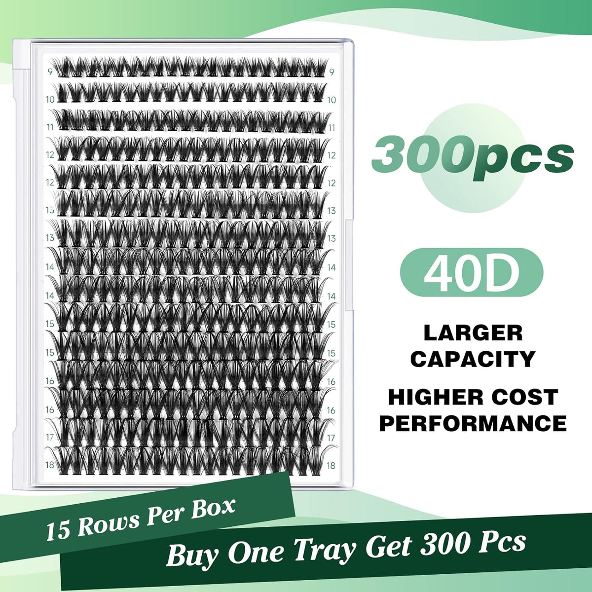 KEYYOU Lash Clusters 300pcs Individual Lashes 40D 0.07D Curl 9-18MIX DIY Eyelash Extension Large