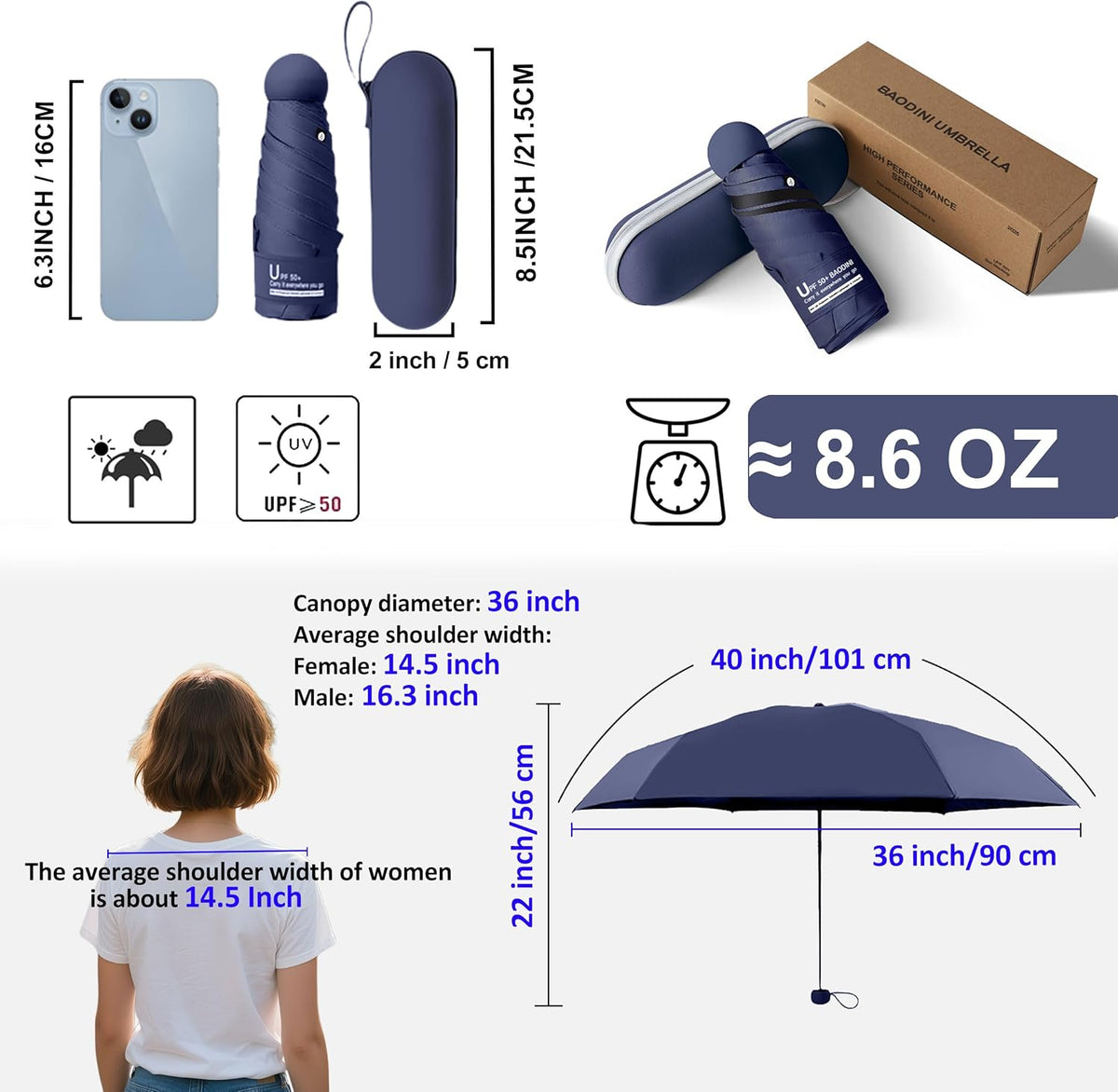 BAODINI Travel Essentials Mini Umbrella for Purse With Case Small Compact UV Sun Protection