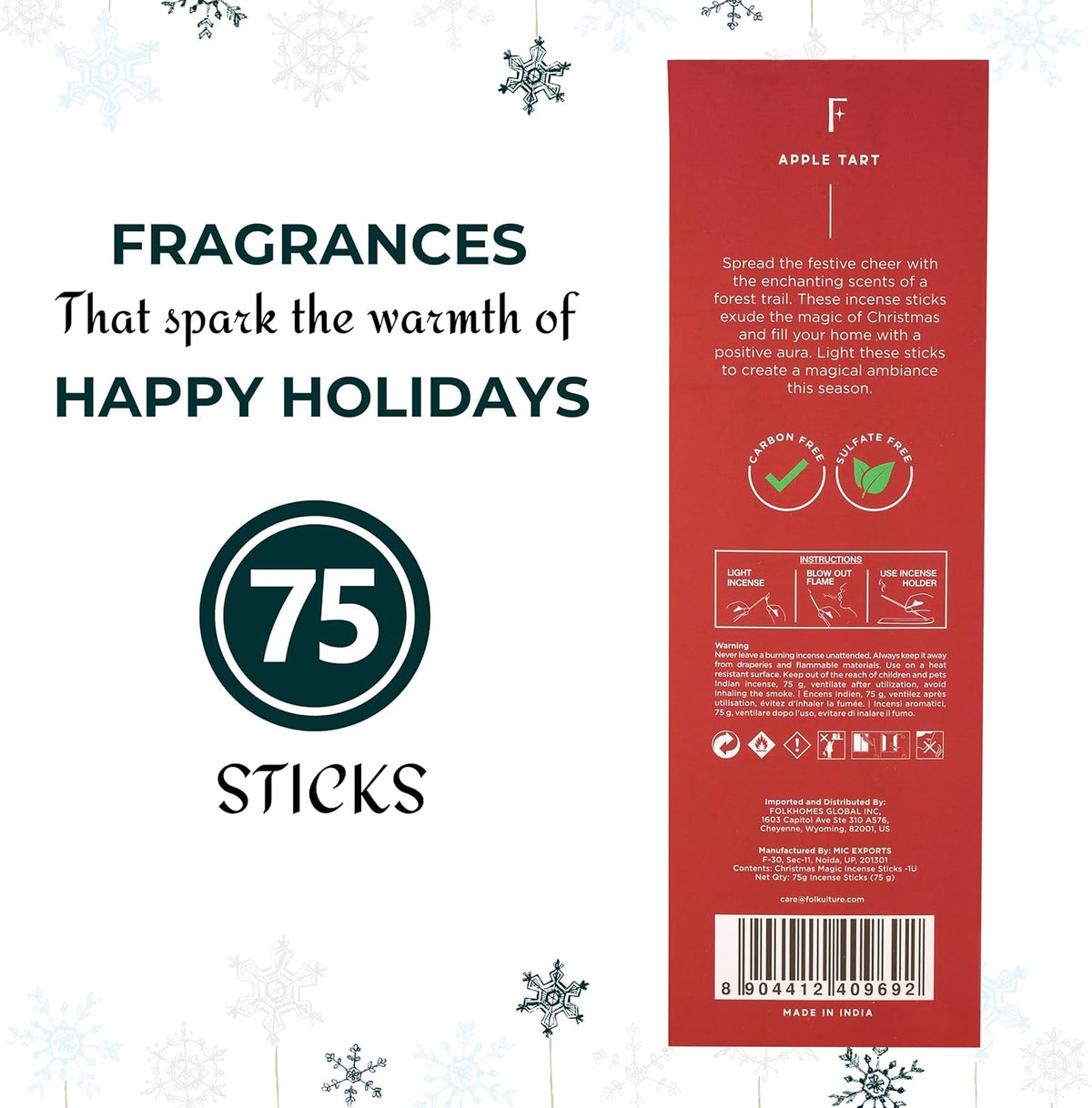 Folkulture Christmas Incense Sticks for Home | Pack of 75 Insenses for Cleansing | Natural and Non