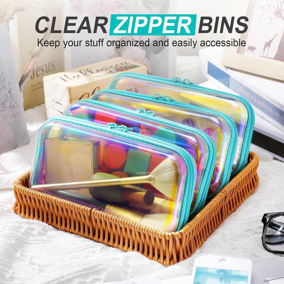 Hoolerry 4 Pcs Hard Clear Zipper Case Makeup Bags Plastic Pencil Pouch Transparent Storage Box
