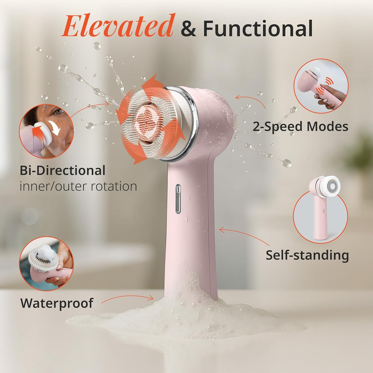 Vanity Planet Raedia 2.0 Facial Cleansing Brush, 4 Interchangeable Brush Heads, Pink - Daily