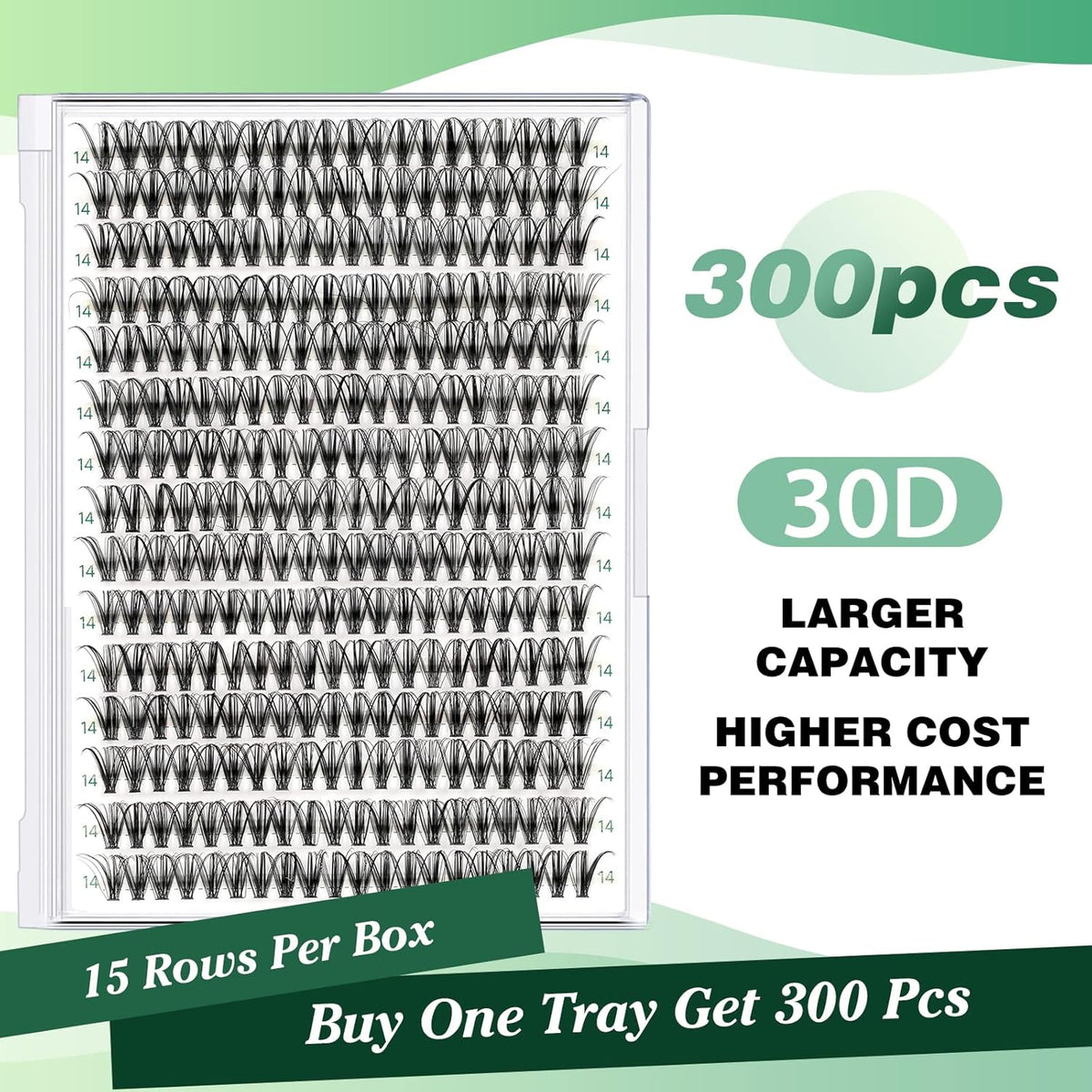 Lash Clusters 300pcs Individual Lashes 30D 0.07D Curl 14mm DIY Eyelash Extension KEYYOU Large Tray