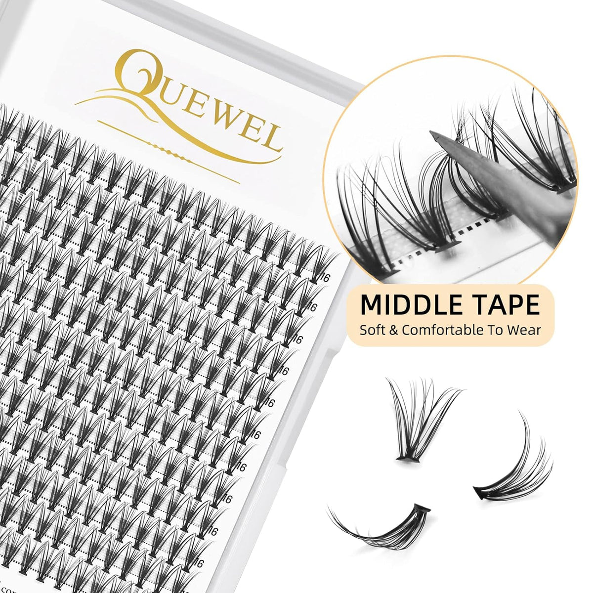 QUEWEL Cluster Lashes 240Pcs Individual Lashes 20D 0.07C Curl 16mm Knot-Free Lash Extensions