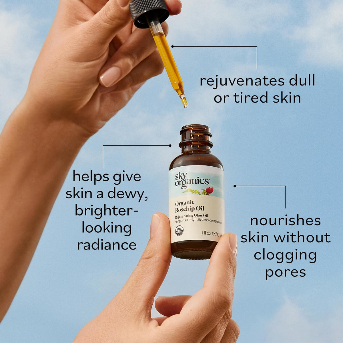 Sky Organics Organic Rosehip Oil (1oz) Cold-Pressed Rosehip Seed Oil, Anti-aging Face Oil