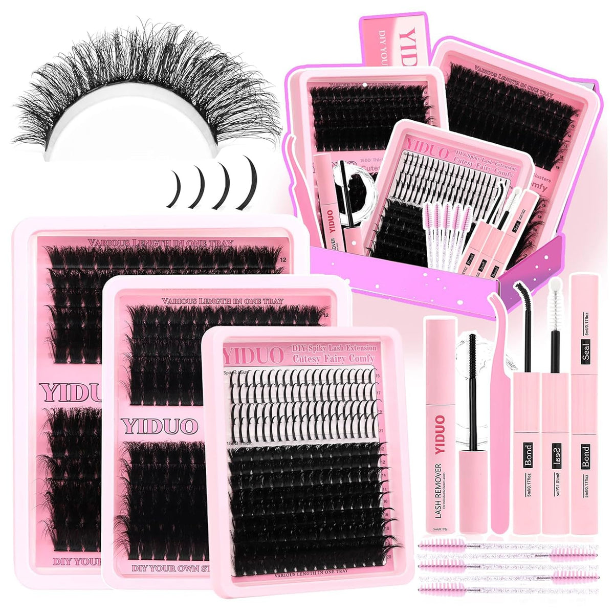 575Pcs Bulk Pack Lashes Clusters Kit with Glue and Removers, D Curl Volume 150D+200D+Spiky Lashes