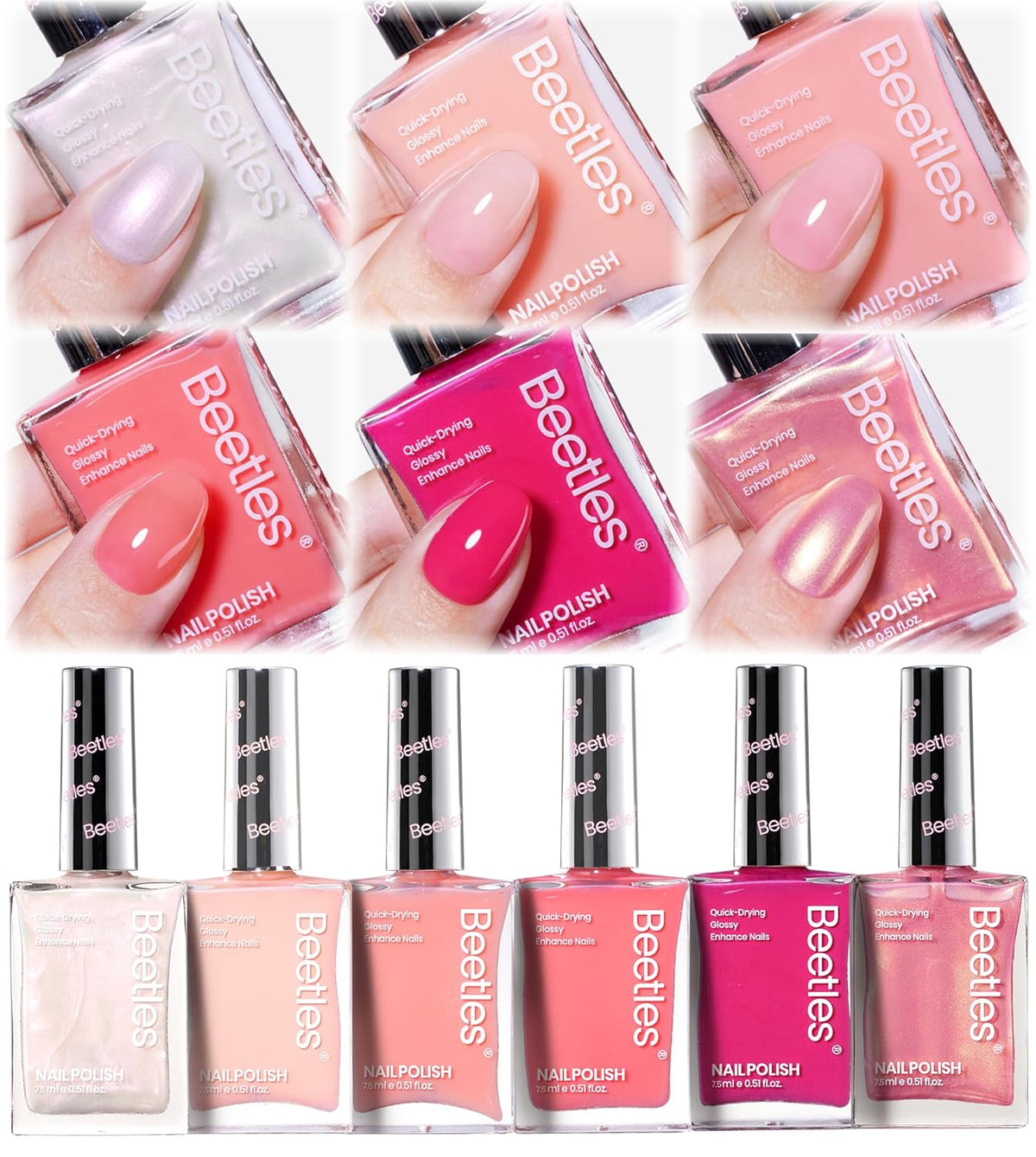 Beetles Nail Polish Set Heartbeat-6 Colors Hot Pink White Jelly Nude Pink Nail Polish Set Shimmer